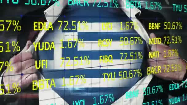 ギリシャのフラグとTシャツを着て白人男性以上の財務データ処理のアニメーション グローバルビジネス デジタルインターフェイスの概念デジタル生成されたビデオ — ストック動画