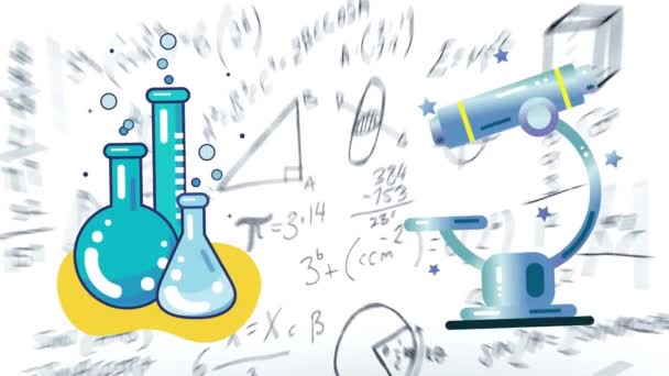 Animación Iconos Equipos Químicos Sobre Ecuaciones Matemáticas Sobre Fondo Blanco — Vídeos de Stock