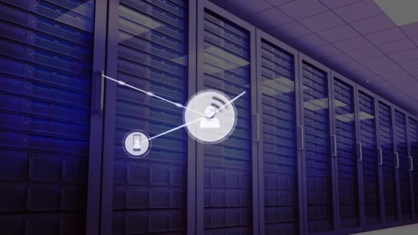 Animation Connected Profile Icons Low Angle View Server Room Digital — Stock Video