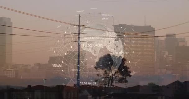 Animatie Van Gegevensverwerking Wereldbol Pylonen Global Business Digitale Interface Concept — Stockvideo
