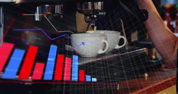 Animation Multiple Graphs Database Cropped Hands Preparing Coffee Espresso Machine — Stock Video