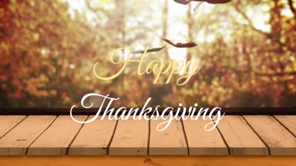 Animation Happy Thanksgiving Text Leaves Falling Landscape Thanksgiving Tradition Celebration — Stock Video