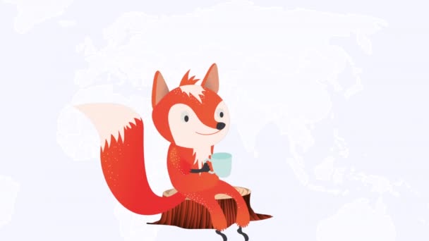 Animace Mapy Světa Nad Ikonou Lišky Sociální Média Zvířata Koncepce — Stock video