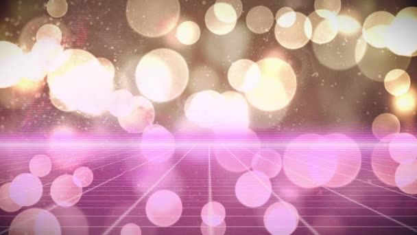 Animation Glühender Goldener Lichtpunkte Über Einem Rosafarbenen Gitternetz Vor Schwarzem — Stockvideo