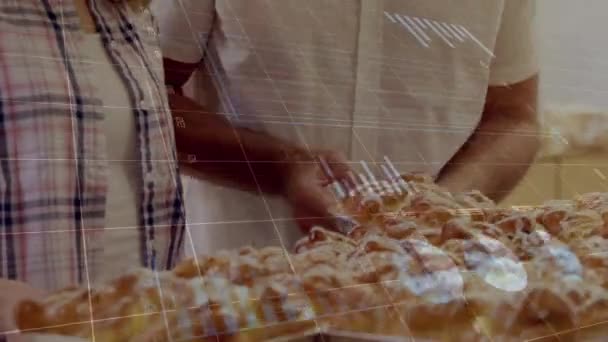 Animation Της Infographic Interface Πάνω Καυκάσιος Ευτυχισμένο Ζευγάρι Μυρίζοντας Ψωμί — Αρχείο Βίντεο