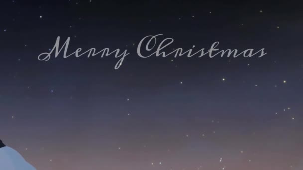 Merceklerin Işıldaması Gökyüzünde Yıldızların Olduğu Mutlu Noel Metninin Üzerindeki Kar — Stok video