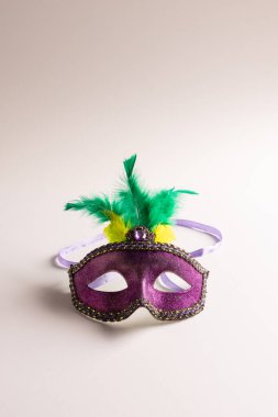 Renkli Mardi Gras karnaval maskesi. Beyaz arka planda tüyleri ve kopyalama alanı var. Parti, kutlama ve karnaval konsepti.