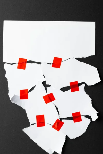 Ripped Pieces White Paper Stuck Together Red Tape Copy Space — Stock Photo, Image