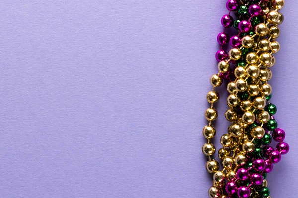 Composition Colourful Mardi Gras Beads Lilac Background Copy Space Party — Stock Photo, Image