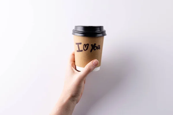 Hand Håller Hämtmat Kaffe Kopp Med Jag Hjärta Text Skriven — Stockfoto