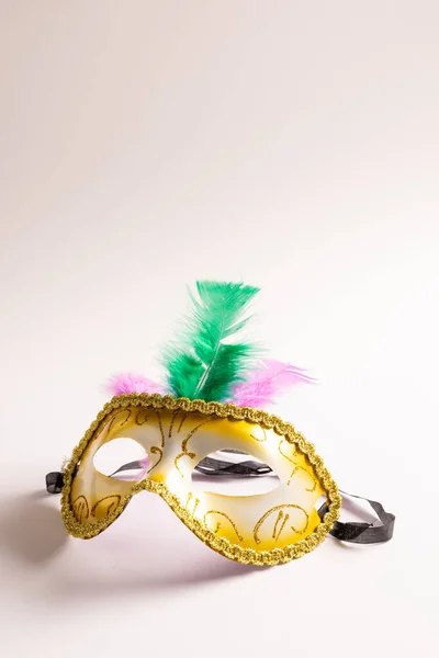 Složení Barevné Karnevalové Masky Mardi Gras Peřím Bílém Pozadí Kopírovacím — Stock fotografie
