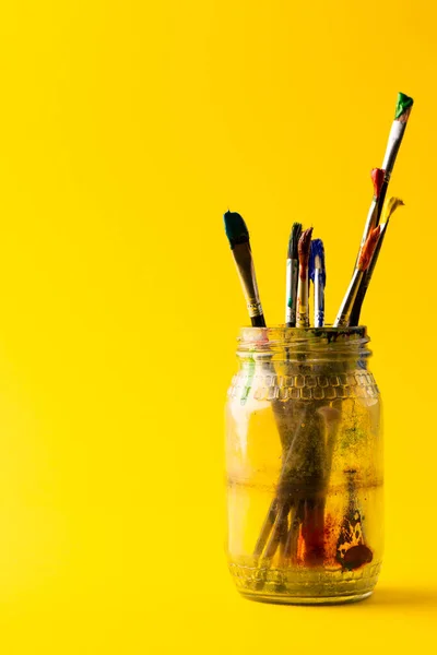 Composition Jar Painting Brushes Yellow Background Copy Space National Craft — Stock Photo, Image