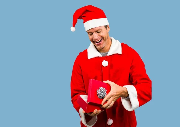 Beyaz Adam Noel Baba Kostümü Giyip Mavi Arka Planda Fotokopi — Stok fotoğraf