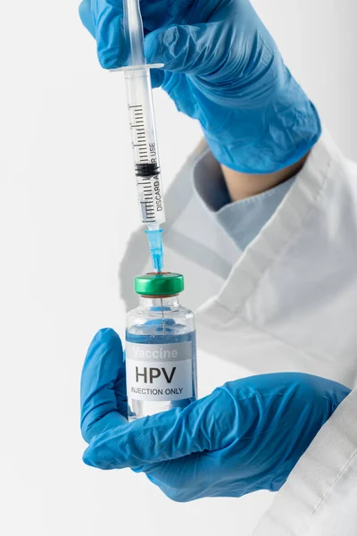 Vertical Doctor Gloved Hands Filling Syringe Hpv Vaccine Vial White — Stock Photo, Image