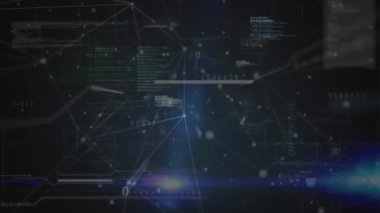 Bağlı noktaların animasyonu, programlama dili ve soyut arkaplana karşı ikili kodlar. Dijital olarak üretilmiş, hologram, iletişim, kodlama, makine öğrenme ve teknoloji kavramı,