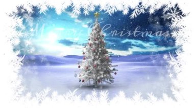 Kar animasyonu, kar taneleri çerçevesindeki Noel ağacını mutlu noel mesajlarıyla kapladı. Dijital olarak üretilmiş, kar yağışı, Noel şenliği, gelenek ve kış tatili konsepti.