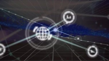 Simgelerle bağlantı ağının animasyonu. Küresel iş, finans, bilgisayar ve veri işleme kavramı dijital olarak oluşturulmuş video.
