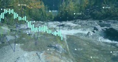 Manzara üzerinde veri işleme animasyonu. küresel iş ve dijital arayüz kavramı dijital olarak oluşturulmuş video.