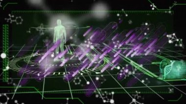 Tıbbi veri işlemesine karşı mor ışık izlerinin ve moleküler yapıların animasyonu. Tıbbi araştırma ve bilim teknolojisi kavramı