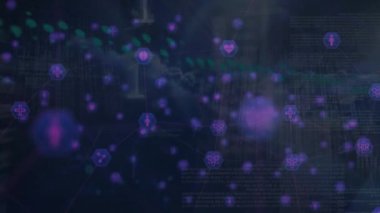 Bağlı simgelerin, grafiğin, ikili kodların ve yoğun bulutların üzerindeki programlama dilinin animasyonu. Dijital bileşik, çoklu pozlama, rapor, finans, kodlama, doğa ve teknoloji kavramı.