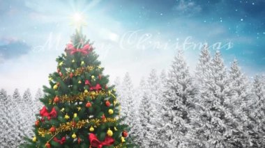 Karla kaplı kozalaklı ağaç ve mutlu noel metni üzerinde mercek parlaması. Dijital olarak üretilmiş, dekorasyon, Noel şenliği, gelenek ve kış tatili konsepti..