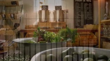 Markette sebzelerle veri işleme animasyonu. Küresel iş ve dijital arayüz kavramı dijital olarak oluşturulmuş video.