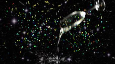 Şampanya kadehinin üzerinde yıldız animasyonu ve konfeti. Parti, kutlama ve dijital arayüz kavramı dijital olarak oluşturuldu.