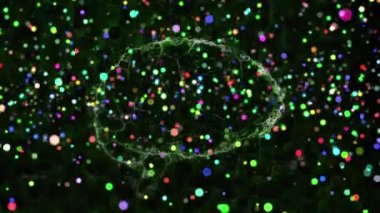 İnsan beyninin simgesinin üzerinde yüzen renkli ışık noktalarının canlandırması. Tıbbi araştırma ve bilim teknolojisi kavramı