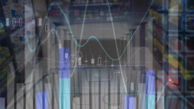 Çoklu grafik ve karelerin canlandırılması süpermarketteki boş alışveriş arabasının üzerinde harita oluşturur. Dijital bileşik, çoklu pozlama, küresel, rapor, finans, mağaza ve iş konsepti.