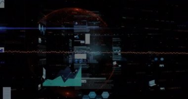 Veri işleme ve istatistiklerin animasyonu. Küresel iş, finans, bilgisayar ve veri işleme kavramı dijital olarak oluşturulmuş video.