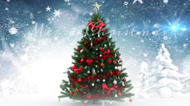 Kartanelerinin ve lenslerin canlandırılması ve süslenmiş Noel ağacının üzerine yağan karlar. Mutlu noel metinleri, dijital olarak oluşturulmuş, ışık, Noel şenliği, gelenek ve kış tatili.