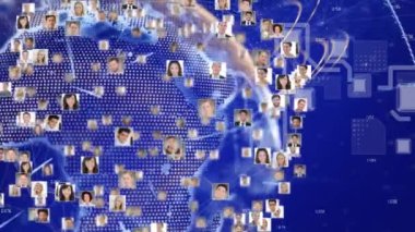 Dünya üzerindeki fotoğraf ve bağlantıların animasyonu. Küresel iş, finans, bilgisayar ve veri işleme kavramı dijital olarak oluşturulmuş video.