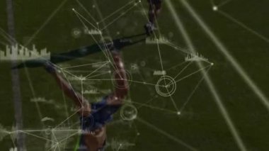 Futbolcular üzerinde bağlantı ve veri işleme animasyonları. Küresel spor, rekabet, iş dünyası, finans, bilgisayar ve veri işleme kavramı dijital olarak oluşturuldu.