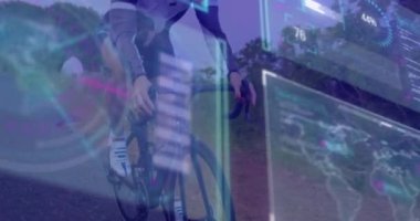 Animation of data processing over caucasian woman cycling. Global sport and digital interface concept digitally generated video.