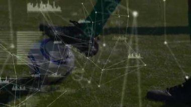 Futbolcu üzerinden bağlantı ve veri işleme animasyonu. Küresel spor, rekabet, iş dünyası, finans, bilgisayar ve veri işleme kavramı dijital olarak oluşturuldu.