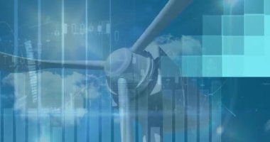 Rüzgar türbini üzerinde veri işleme animasyonu. Ekoloji, bilgisayar ve dijital arayüz kavramı dijital olarak oluşturulmuş video.