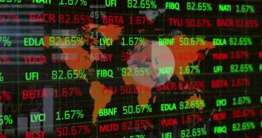 Dünya haritasında kara zemine karşı istatistiksel ve borsa veri işleme animasyonu. Küresel ekonomi ve iş teknolojisi kavramı
