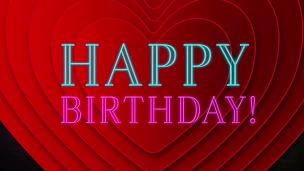 Animation Neon Happy Birthday Text Red Heart Shapes Unless Pattern — Αρχείο Βίντεο