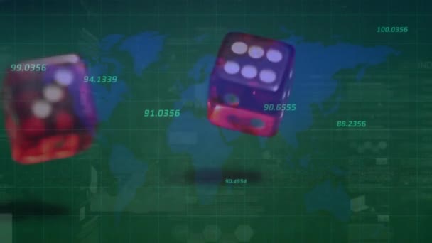 Animace Zpracování Dat Mapa Světa Přes Kostky Hazardní Hry Kasino — Stock video