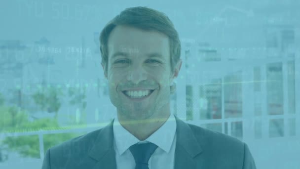 Animation Data Processing Caucasian Businessman Smiling Global Business Digital Interface — Vídeo de Stock