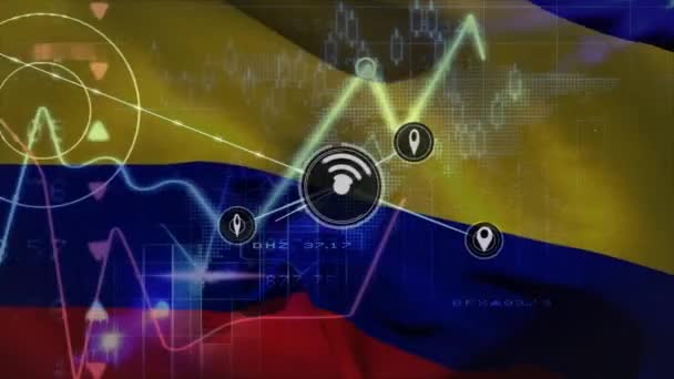 Animazione Rete Connessioni Con Icone Sopra Bandiera Colombia Concetto Globale — Video Stock