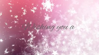 Pembe gradyan zemine düşen kar taneleri üzerine mutlu bayramlar mesajlaşması. Noel şenliği ve kutlama konsepti