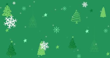 Yeşil Noel ağacı deseninde kar tanelerinin canlandırılması. Noel, şenlik, gelenek ve kutlama konsepti dijital olarak oluşturuldu.