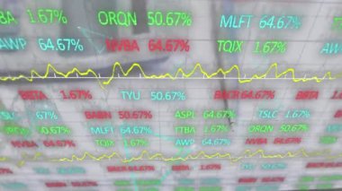 Finansal veri işleme ve hesap makinesi üzerindeki istatistiklerin animasyonu. Dijital olarak oluşturulmuş küresel finans, iş, bağlantılar ve veri işleme kavramı.