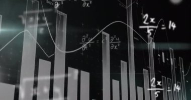 Çoklu grafiklerin animasyonu, siyah arkaplanda matematiksel denklem üzerinde artan sayılar. Dijital olarak üretilmiş, hologram, rapor, finans, büyüme, çözüm, toplamlar ve iş konsepti.