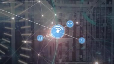 Animation of network of connections with icons and data processing over server room. Global connections, computing and digital interface concept digitally generated video.