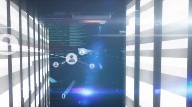 Hareket eden sütunların üzerindeki simgeler ve veri işleme ağlarıyla bağlantı animasyonu. Dijital olarak oluşturulmuş küresel bağlantılar, bilgisayar ve dijital arayüz kavramı.