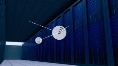 Animation of network of connections with icons over server room. Global connections, computing and digital interface concept digitally generated video.