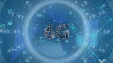 6G metin, kapsam, bağlantı ağları ve veri işleme animasyonu. Küresel ağlar, işletmeler, finans ve veri işleme kavramı dijital olarak oluşturulmuş video.