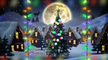 Mutlu bayramlar mesajlaşması ve kış manzarasında Noel ağacının üzerine düşen kar. Noel şenliği ve kutlama konsepti